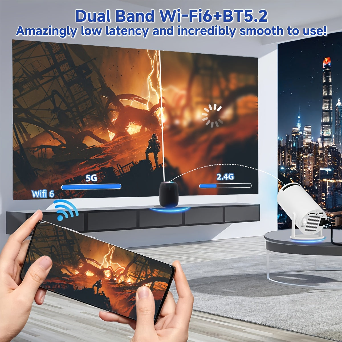 Portable 1080P Smart Projector with Android, 5G WiFi6, Auto Correction