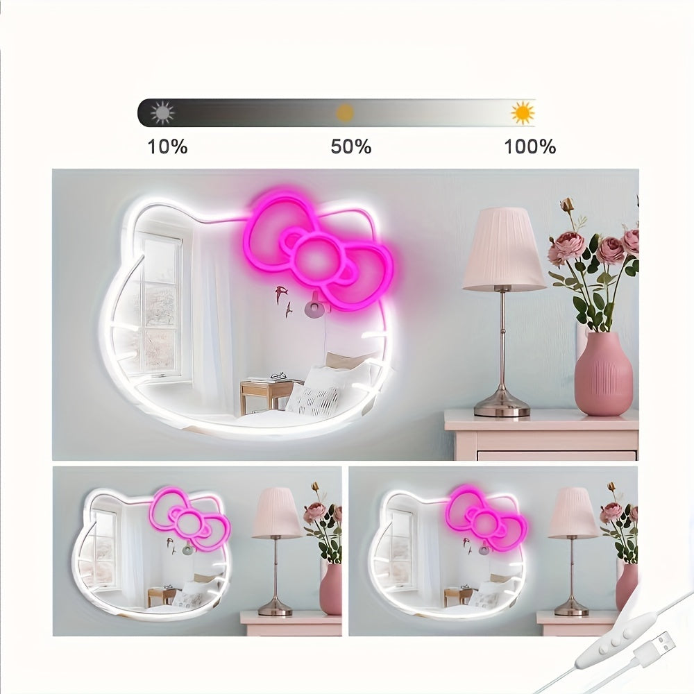 Hello Kitty Neon Sign Mirror with Dimmable LED Light for Bedroom Living Room Kid's Room