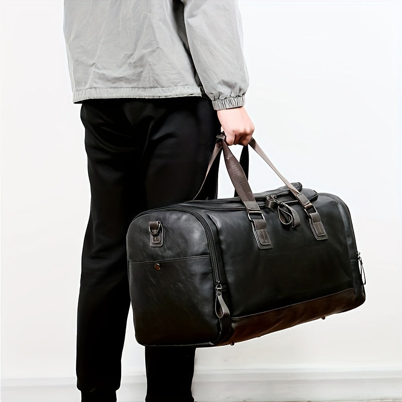 Men's Large PU Duffel Bag with Multiple Compartments and Adjustable Strap