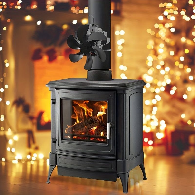Wall Mounted Heat Powered Stove Fan Black Aluminum Alloy 6-Leaf Air Circulation