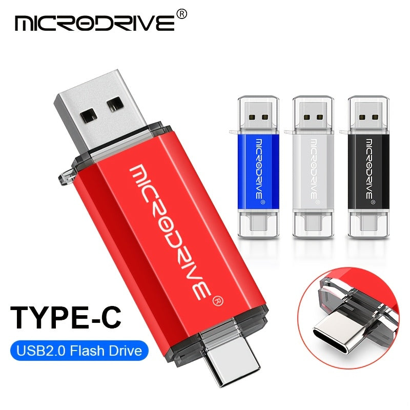 MICRODRIVE 2.0 USB-C Flesh Drayv - Yuqori tezlikdagi OTG xotira kaliti, muzlatilgan metall tekstura, 128GB/64GB/32GB/16GB, Noutbuk va smartfonlar bilan mos, Qizil/Qora, Qiziqarli dizayn