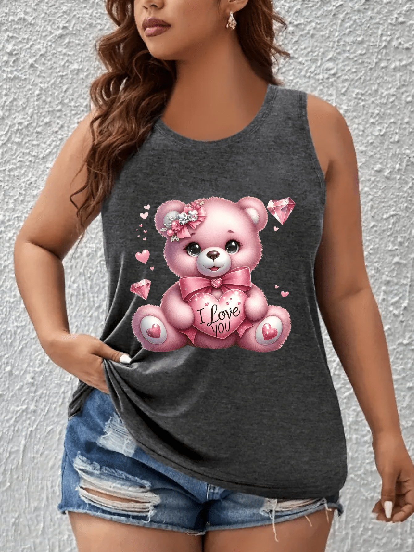 Women's Plus Size Cotton Blend Tank Top Cute Cartoon Bear Pink Sleeveless Shirt