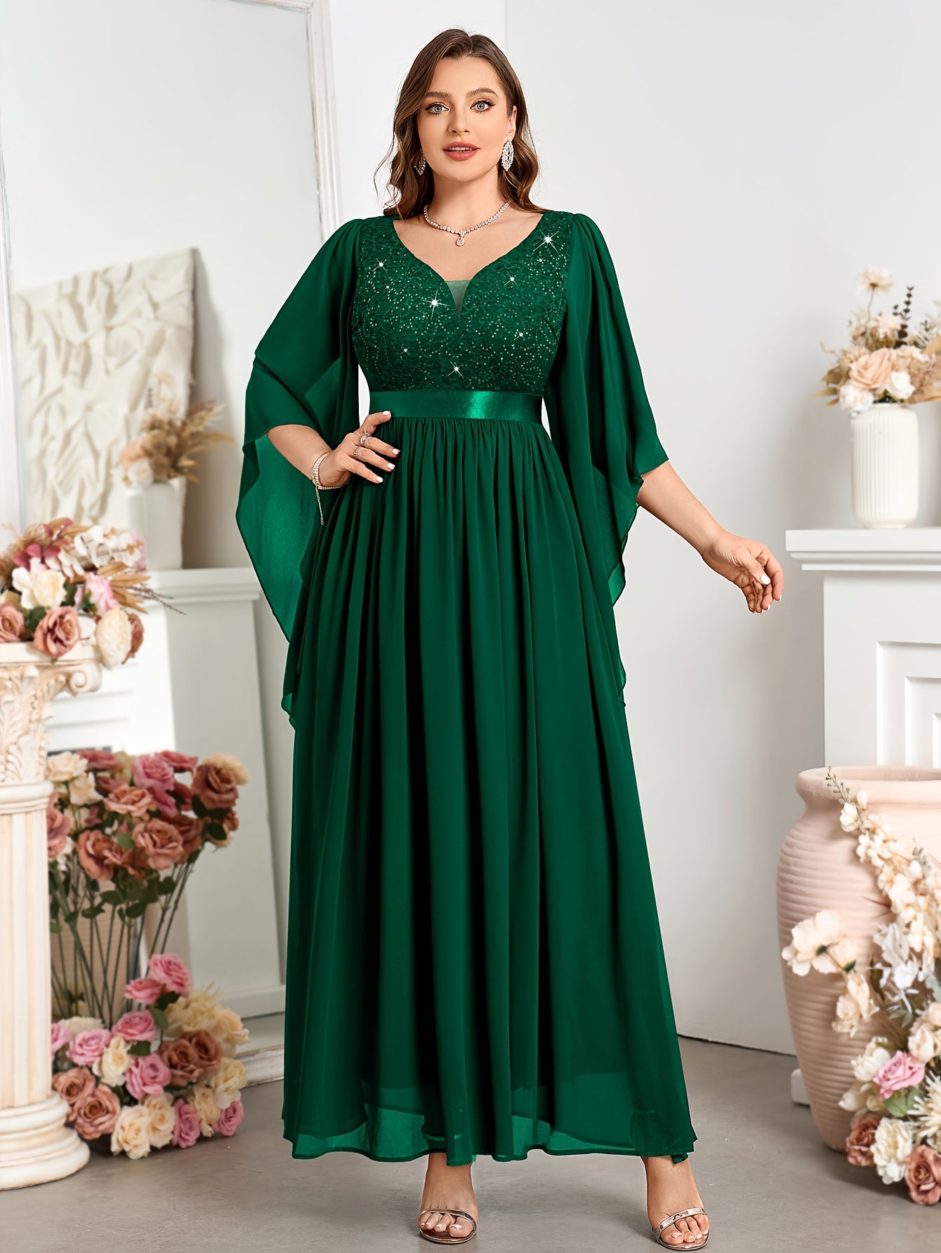Plus Size Women's Chiffon Lace Dress Deep V-Neck Ruffle Sleeves Wedding