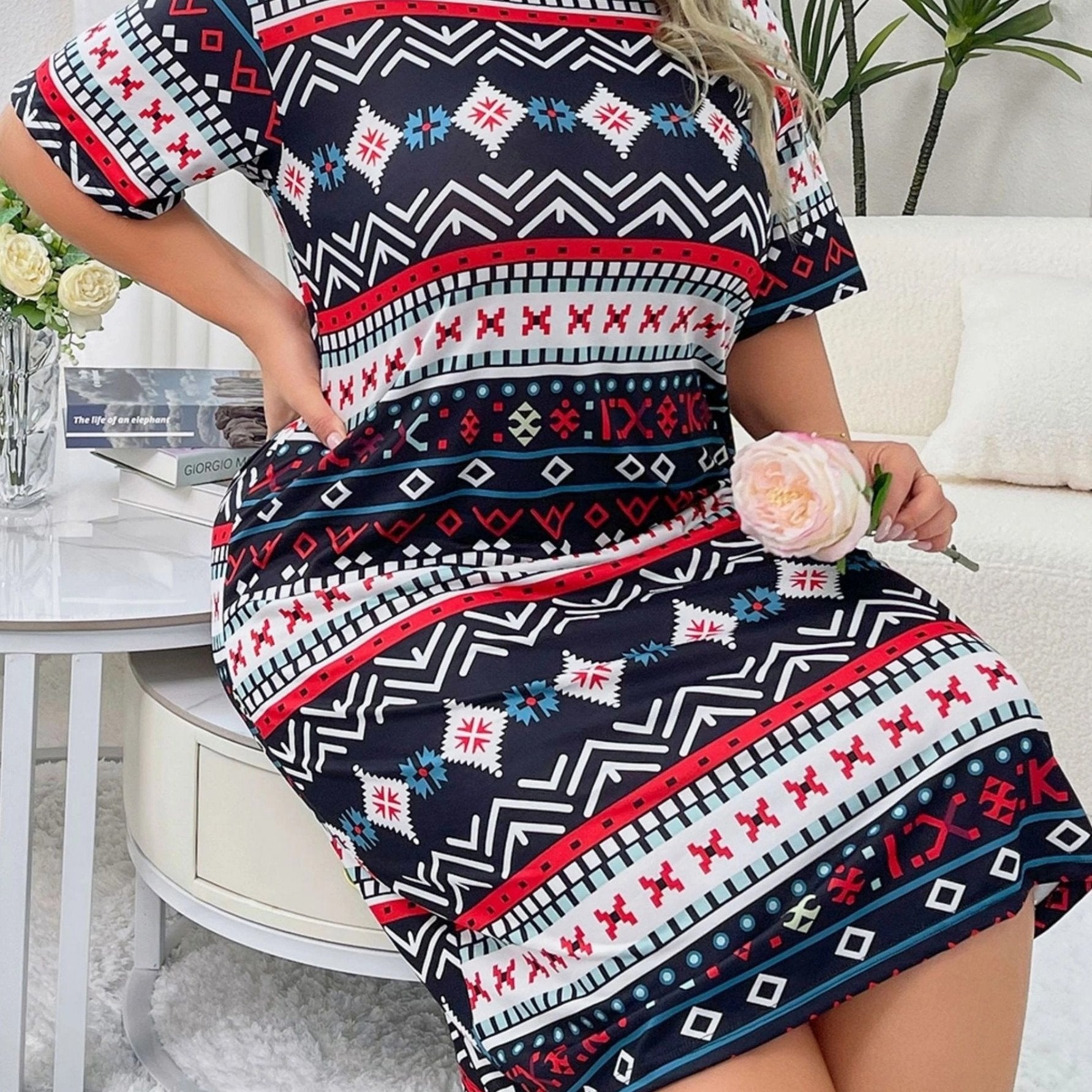 Camisón de dormir con estampado geométrico retro para mujer de tallas grandes, vestido de descanso con mangas cortas