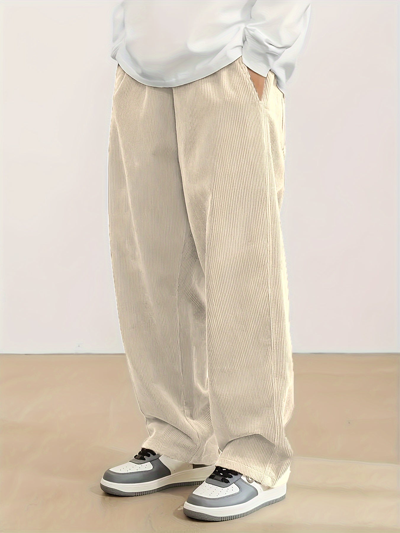 Plus Size Men's Corduroy Pants with Drawstring Pockets Straight Leg Polyester