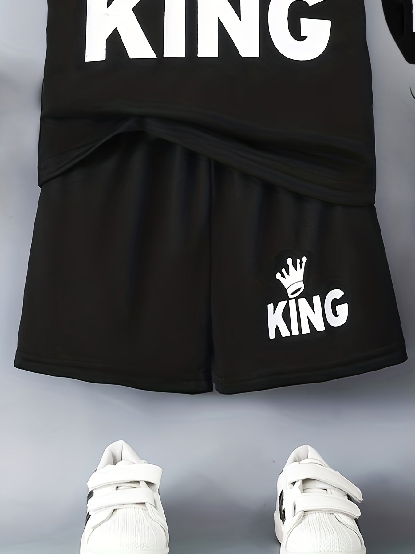 Boys' Casual Outfit Set Black "KING" Crown Print Polyester T-Shirt Shorts Crossbody Bag Spring Summer
