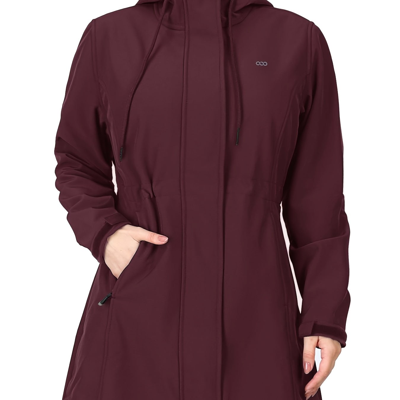 Women's Softshell Long Jacket with Hood Fleece Lined Windproof Warm Outdoor Windbreaker 33cm