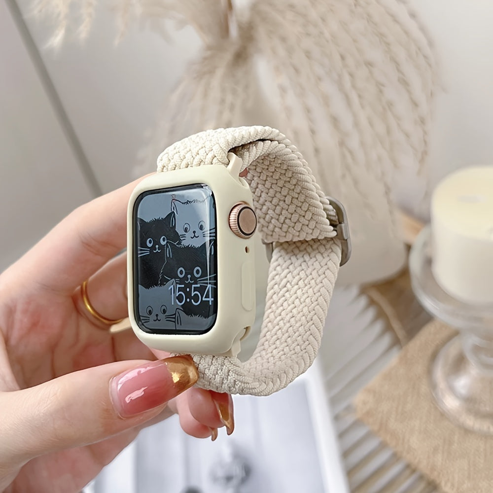 Adjustable Polyamide Watch Band Set with Breathable Elastic Woven Straps and Silicone Case for Apple Watch 38-49mm