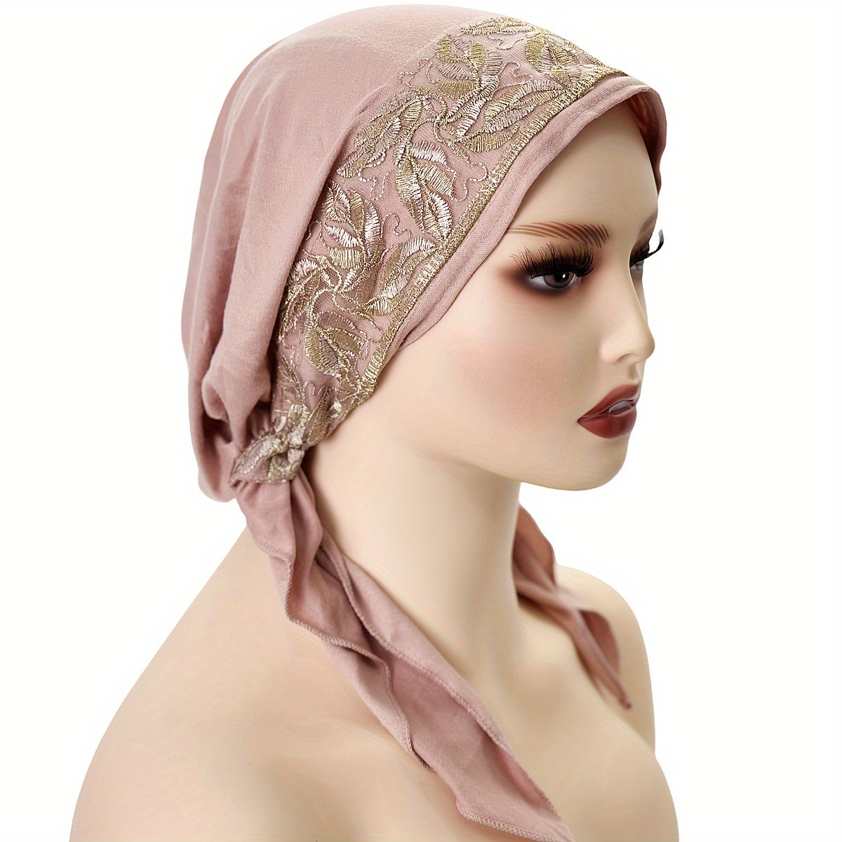 Black Elastic Chemo Hat with Embroidered Turban Design and Tails