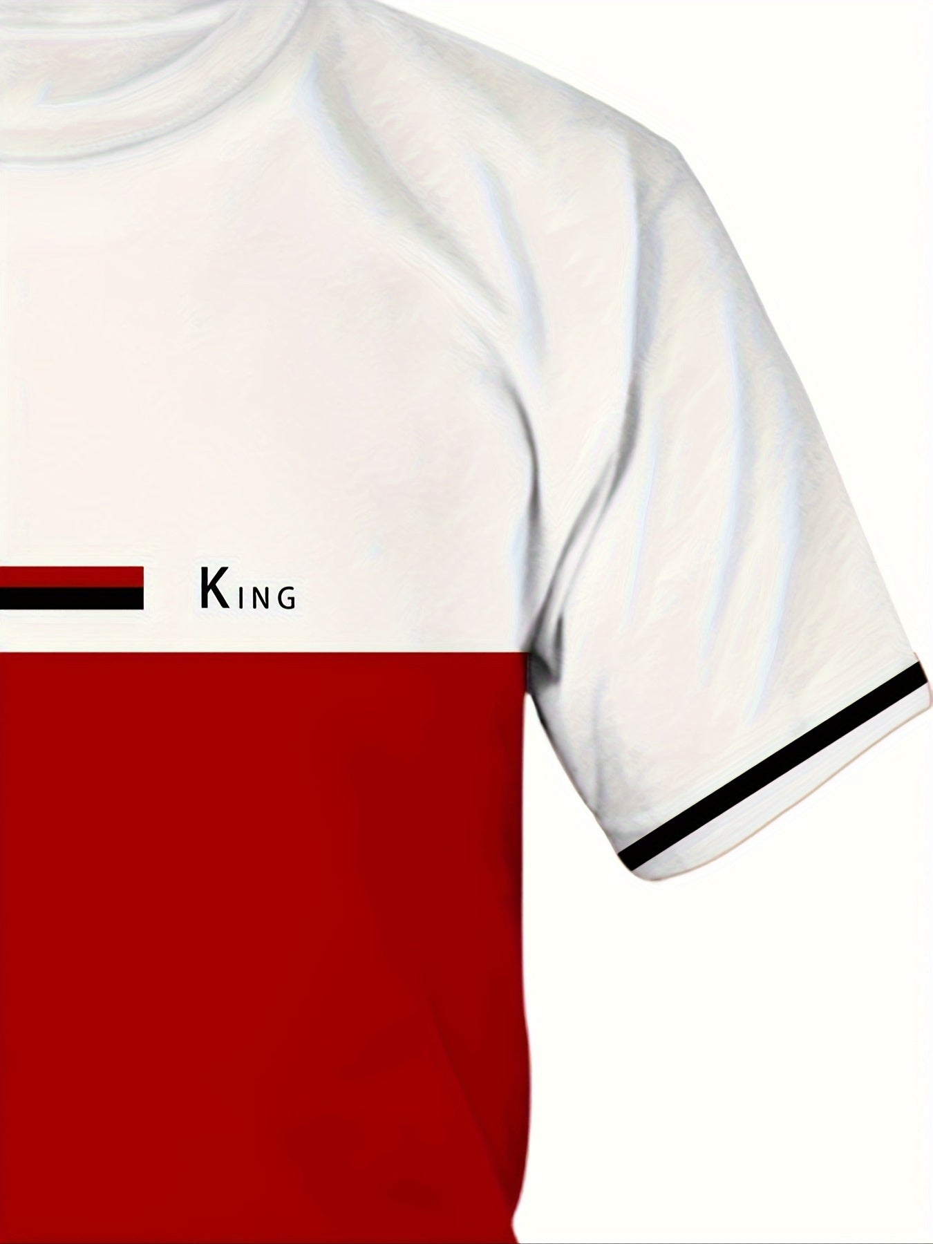 Erkaklar uchun "KING" Rangli Blokli Chiziqli Grafik T-Shirt - Yozgi Faoliyatlar uchun Polyester Aralashmasi Crewneck Qisqa Yengli T-Shirt. Mashinada yuvish mumkin, yozgi tasodifiy kiyim uchun ideal. Cho'ziluvchan mato, katta o'lcham.