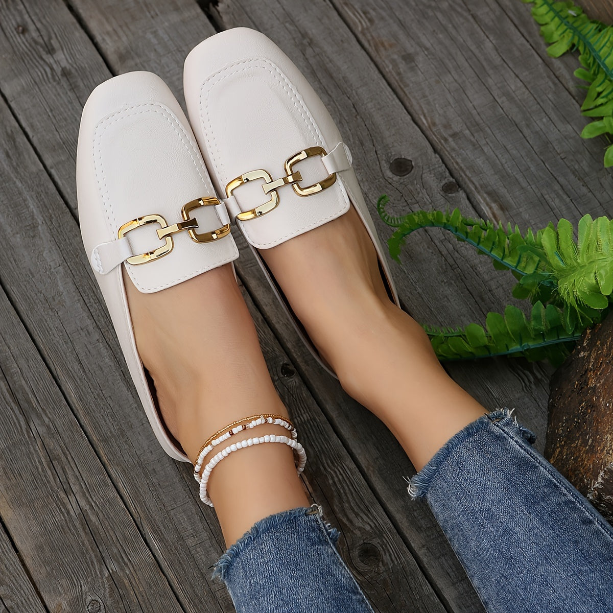 Mules planos para mujer con punta cuadrada, hebilla metálica, slip-on, sin talón, zapatos para exteriores