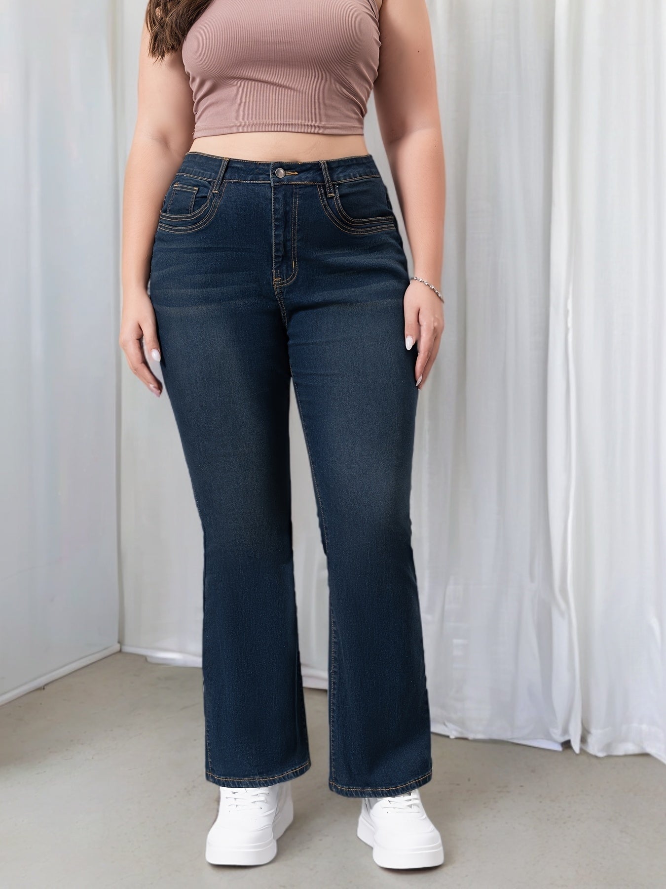 Plus Size Women's Denim Bootcut Jeans Blue Casual Zipper Button Closure