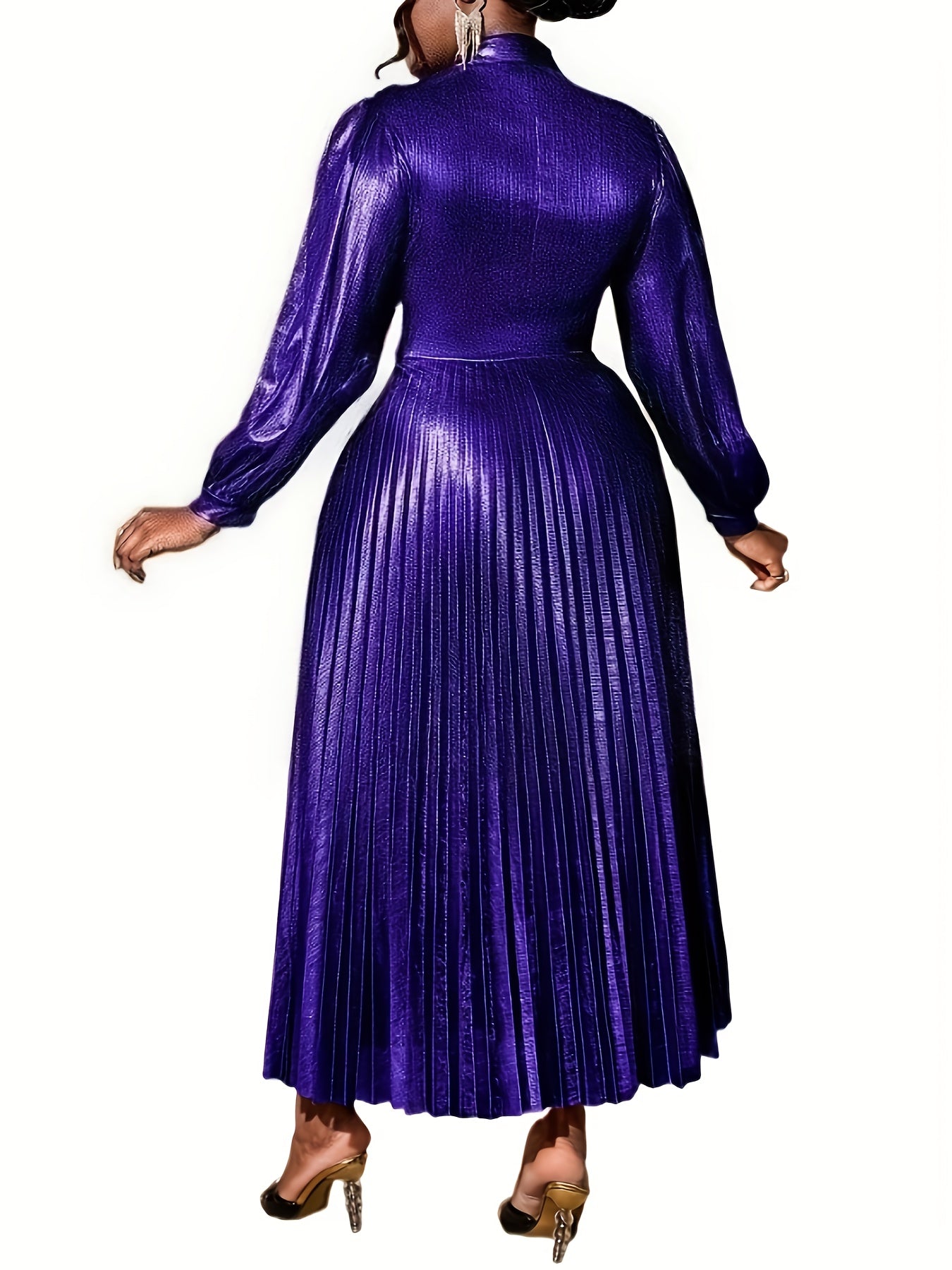 Women Gold A-Line Party Dress Long Sleeve Pleated Evening Gown