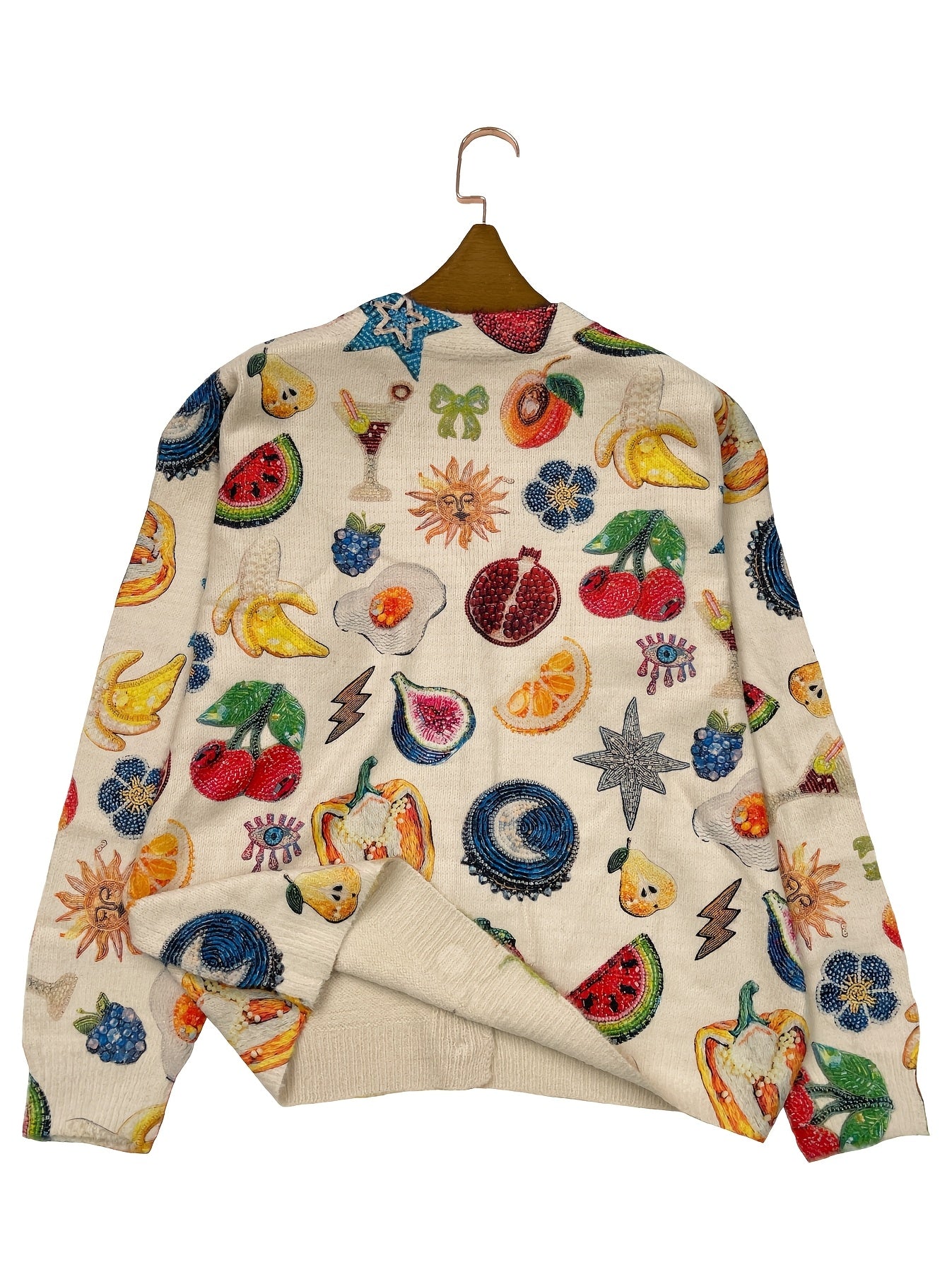 Plus Size Womens Fruit Print V-Neck Cardigan Long Sleeve Sweater Fall Winter Beige