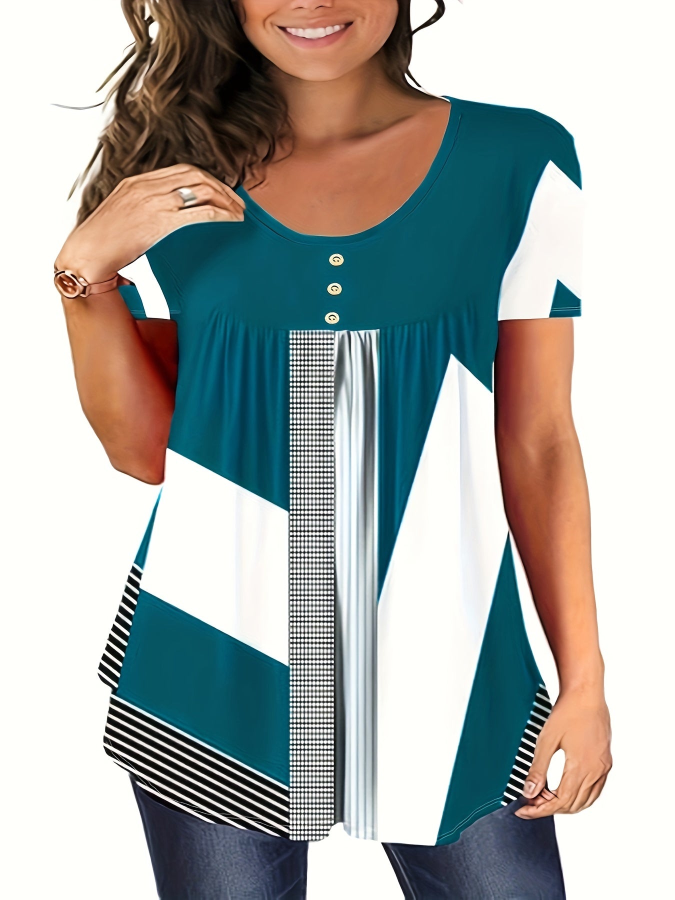 Plus Size Casual T-Shirt Women's Colorblock Dot Stripe Short Sleeve Round Neck
