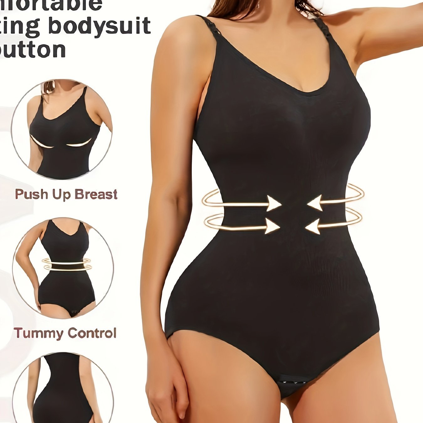 Women's Black Tummy Control Bodysuit with Butt Lifting and Breathable Nylon Elastane