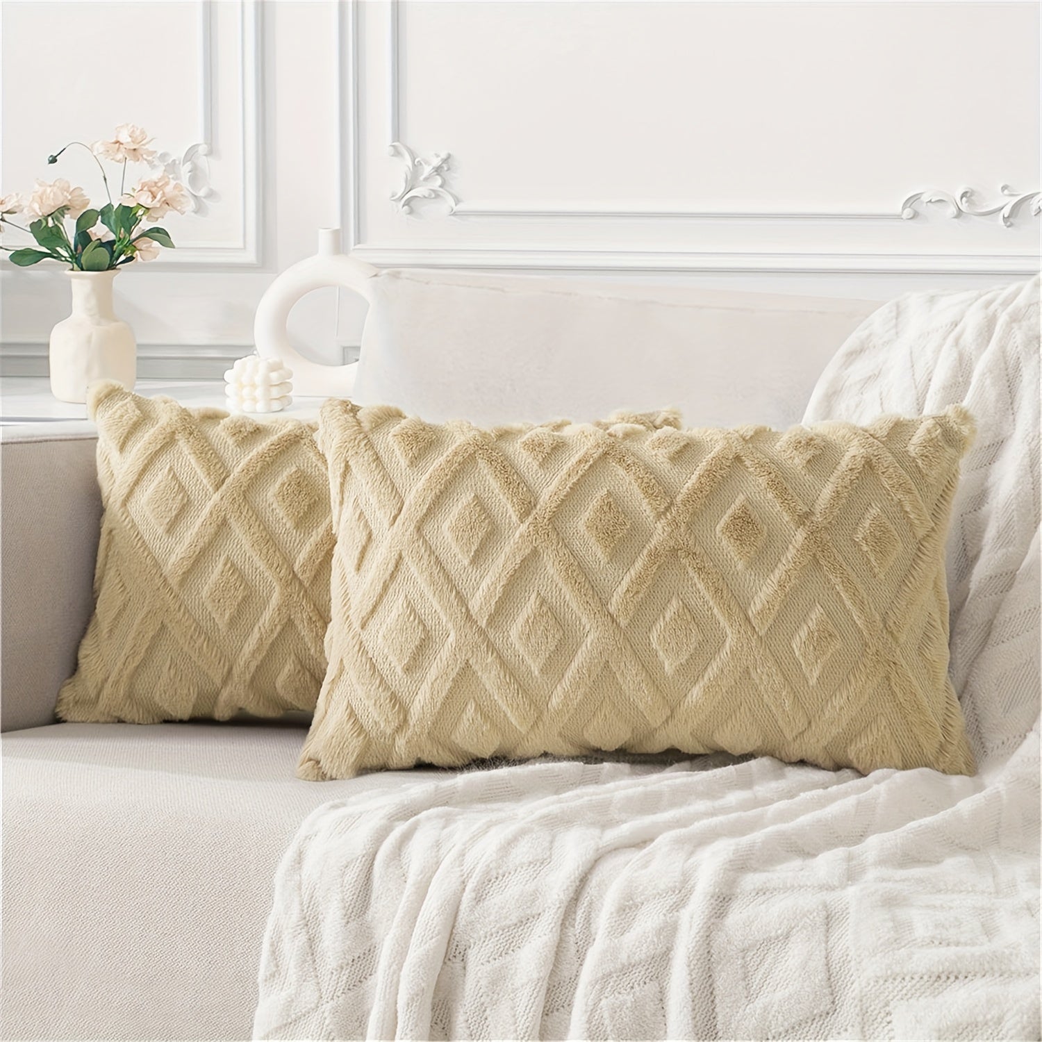 Beige Faux Wool Throw Pillow Covers 18x18 Inches for Couch Sofa Decor