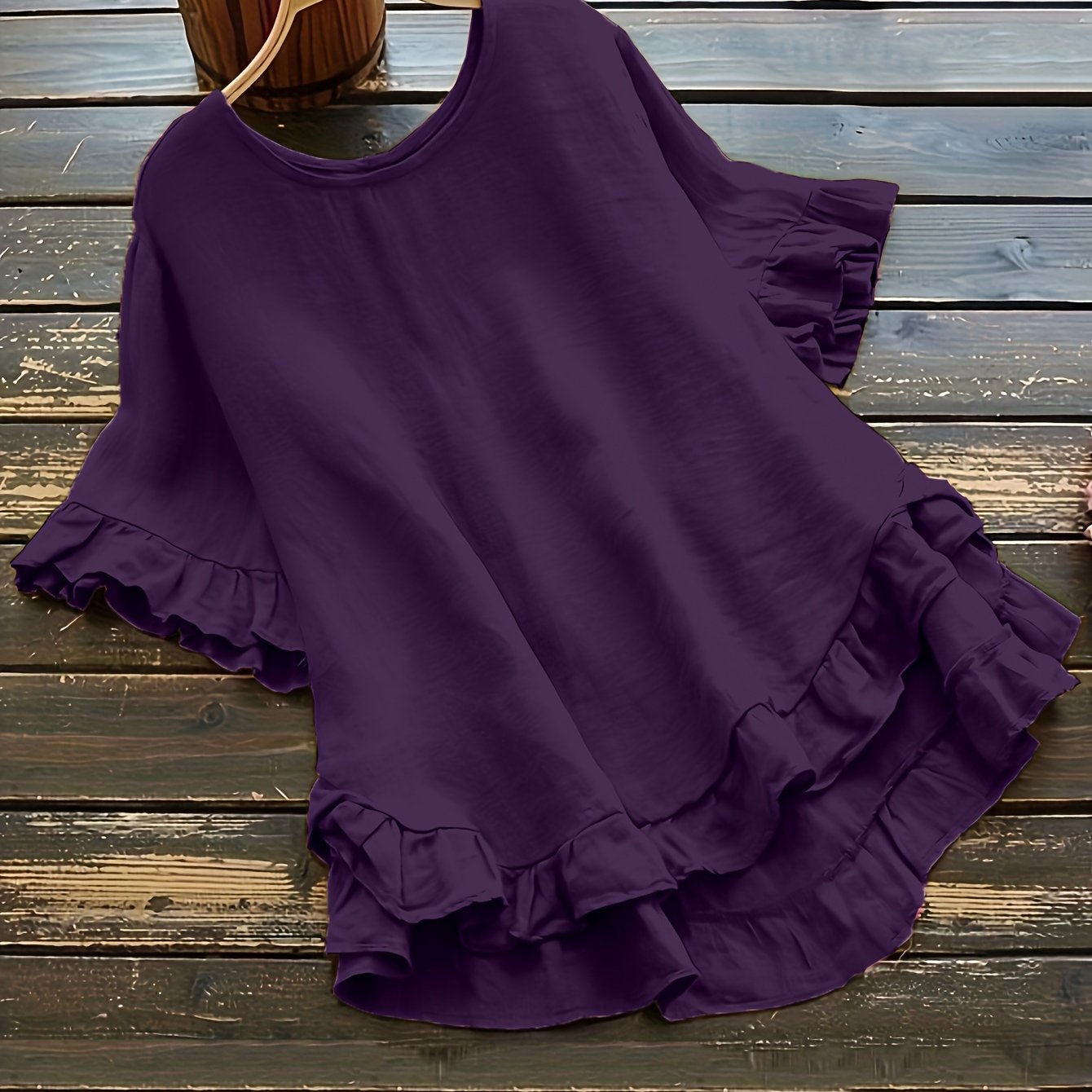 Blusa de manga campana de talla grande para mujer, con volantes, parte frontal corta y parte trasera larga, color negro, tela suave