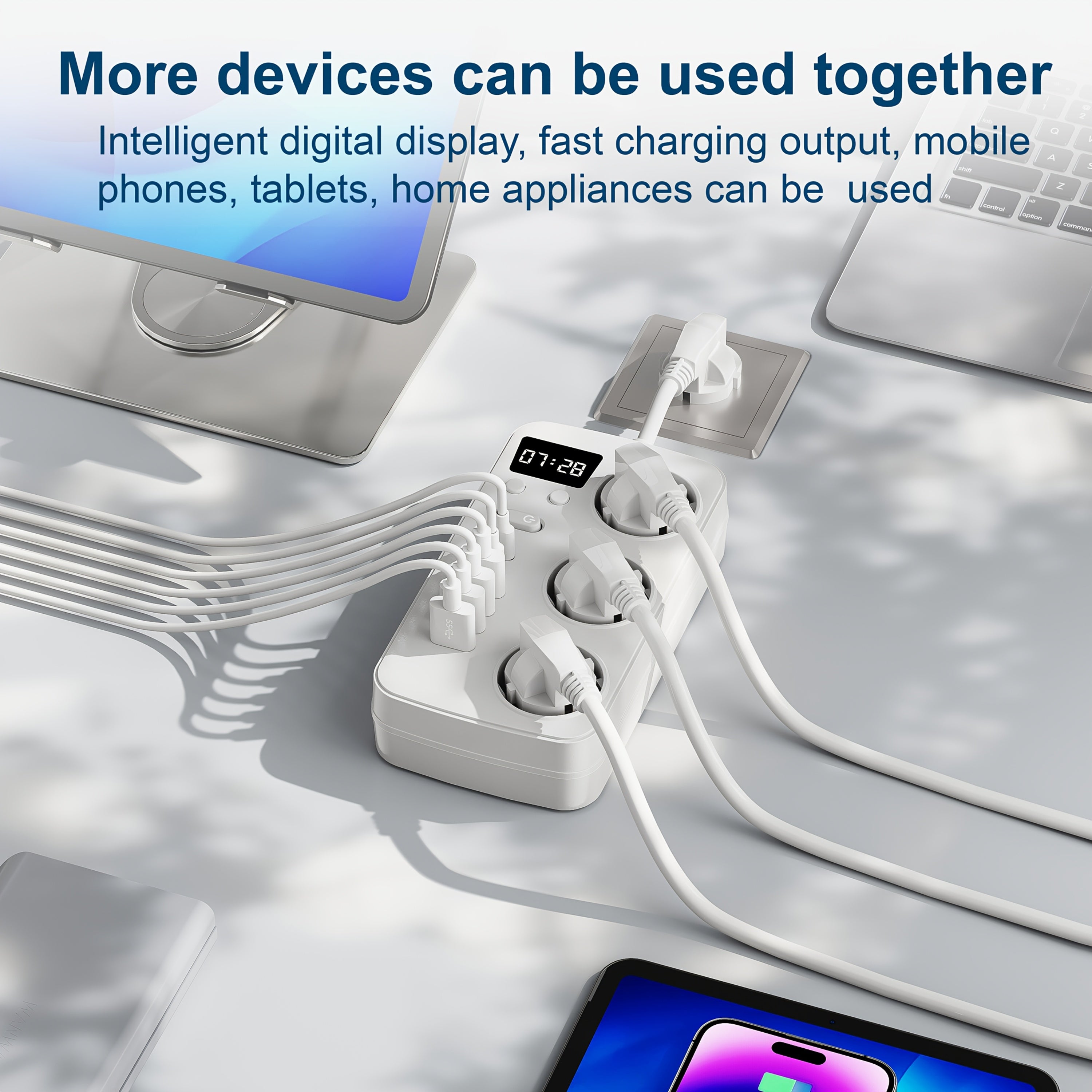 10-in-1 Multifunctional Power Strip with 3 AC Sockets, 4 USB, 2 Type-C Ports, Overload Protection