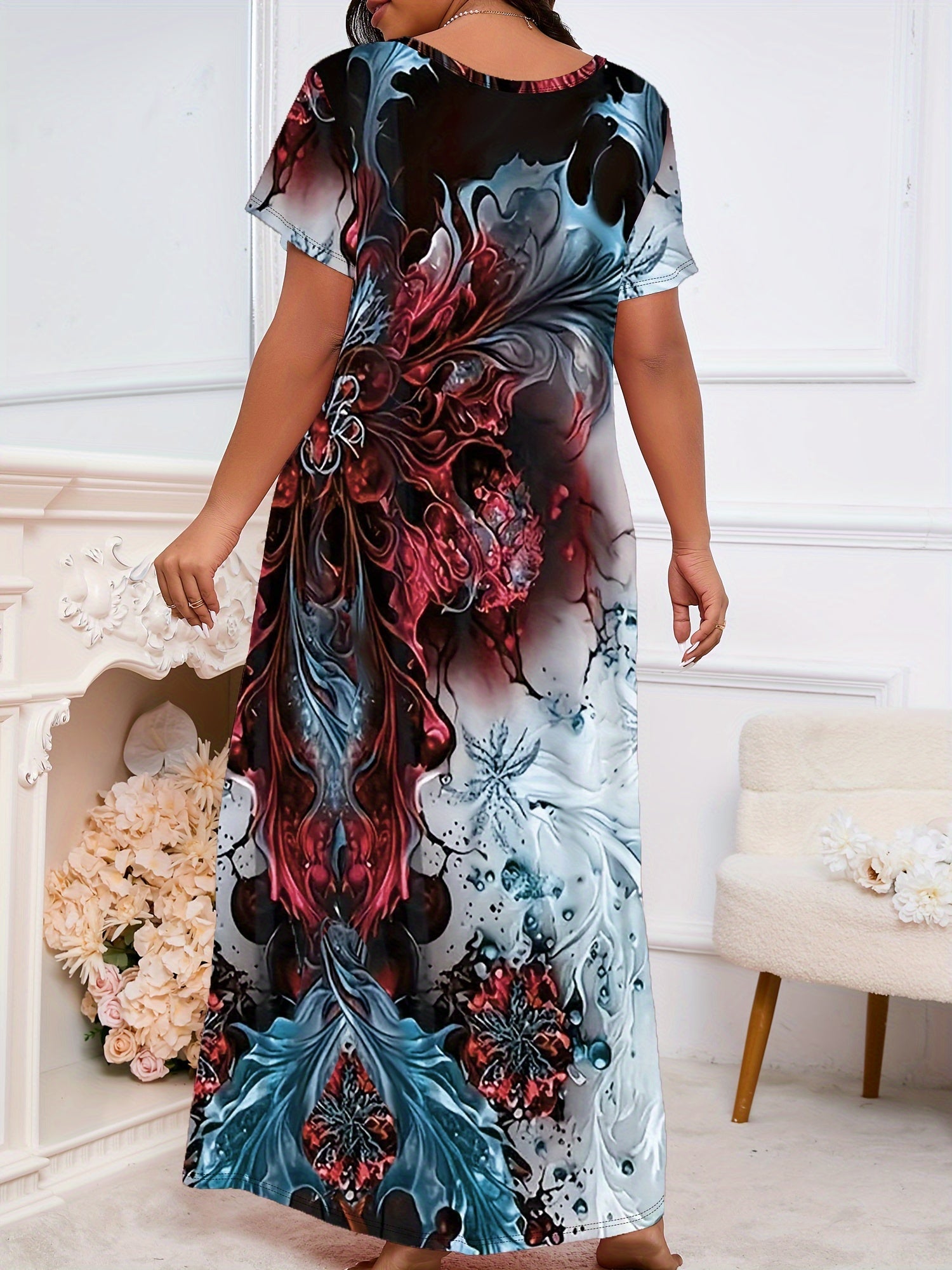 Plus Size Women's Cotton V-Neck Short Sleeve Sleep Dress