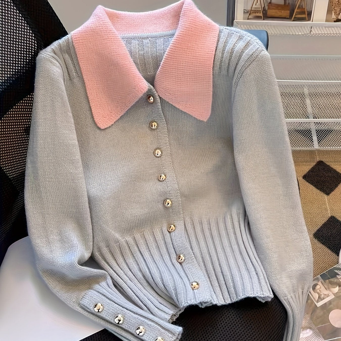 Cárdigan de punto con bloques de color para mujer, poliéster, alto estiramiento, otoño e invierno, elegante