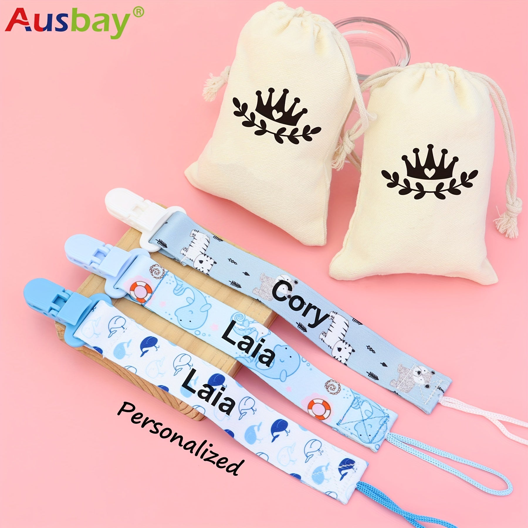 Set of 3 Personalized Baby Shower Gift Clips with Custom Names and Chain Clips