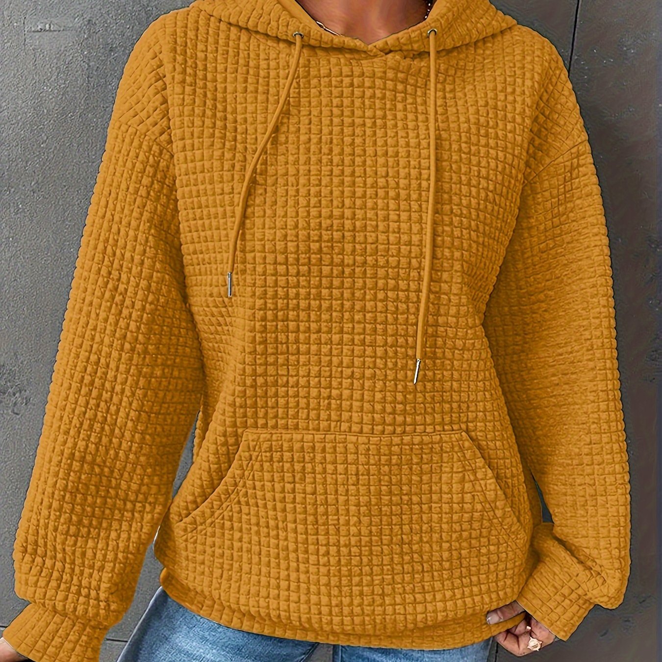 Plus Size Waffle Hoodie Women’s Long Sleeve Casual Sweatshirt with Kangaroo Pocket