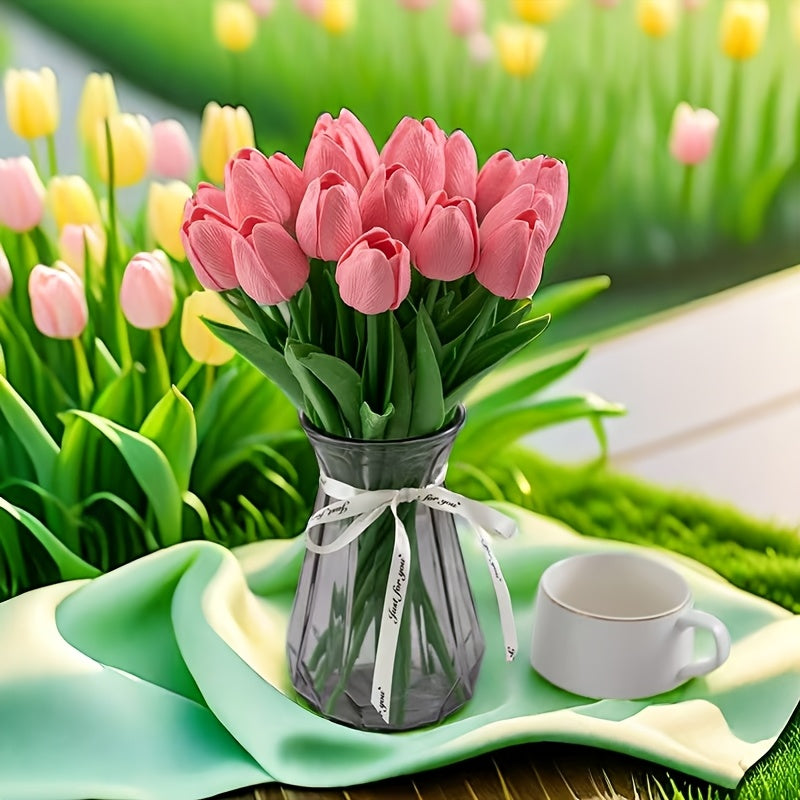 Artificial Tulips Set of 10 Real Touch Faux Flowers for Home Office Decor