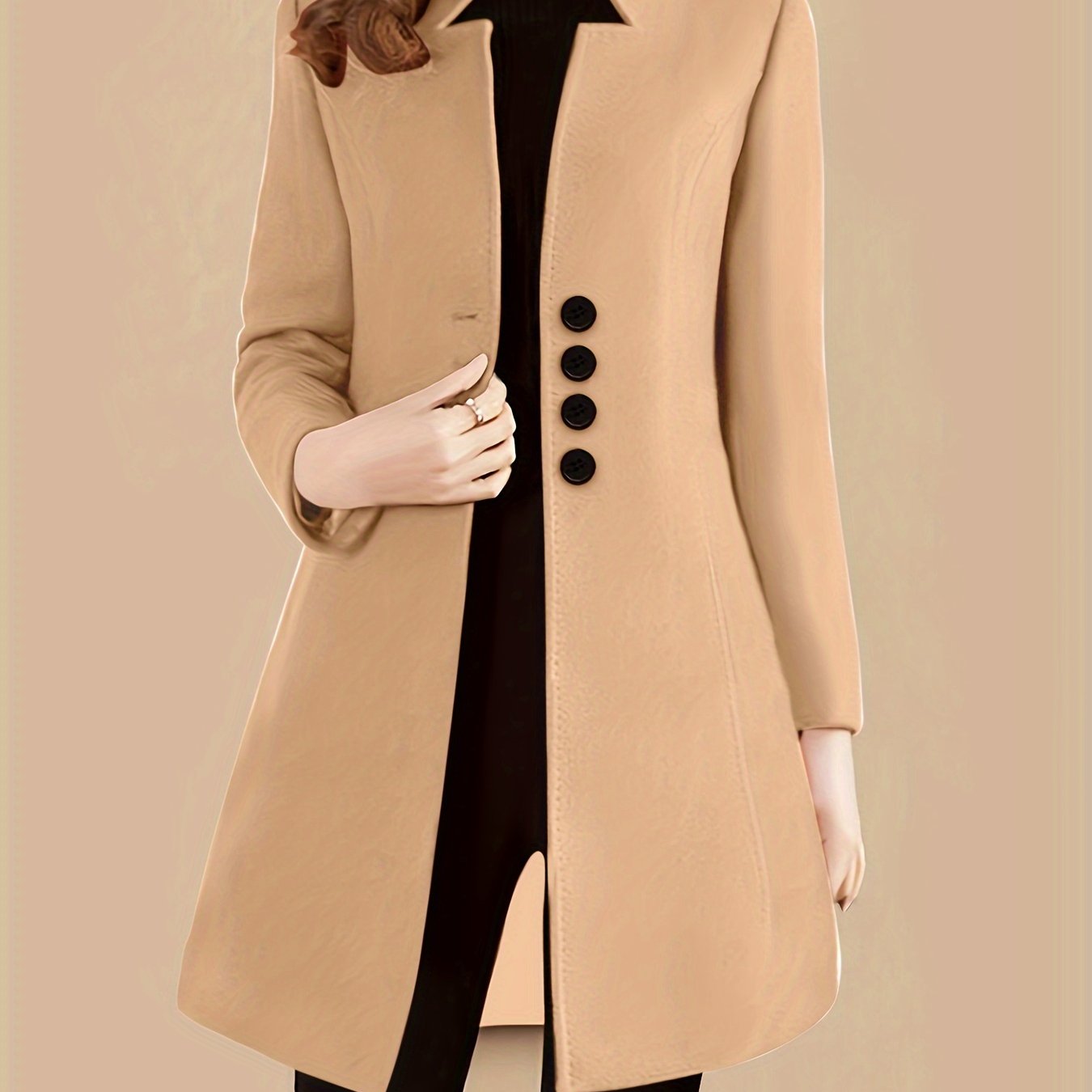 Women's Solid Polyester Single-Breasted Coat with Long Sleeves for Fall Winter