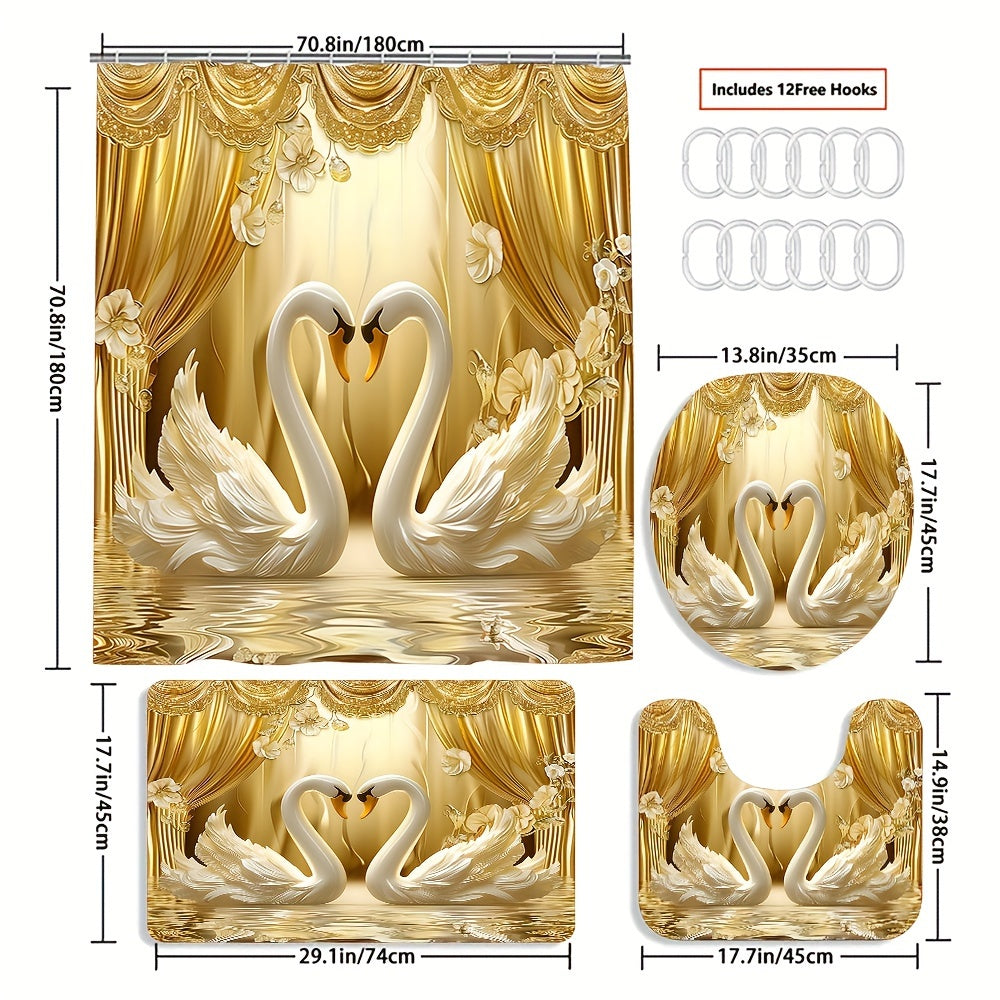 Golden 3D Swans Bathroom Set with Hooks Curtain Mat Seat Cover Rug for Valentine's Day