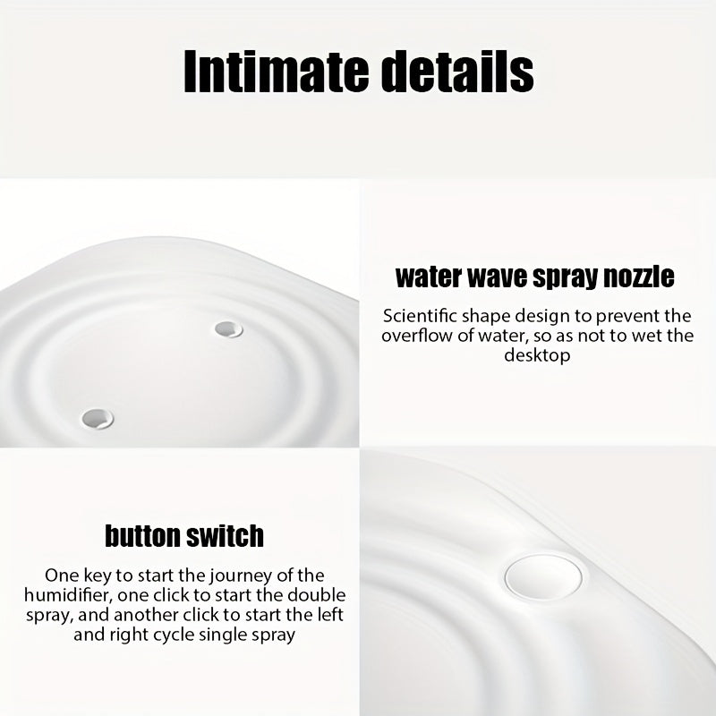 2 ta namlash rejimi, 7 rangli yoritish va avtomatik o'chirish funksiyasiga ega portativ USB namlagich. Sayohat, uy yoki yotoqxona uchun mos.