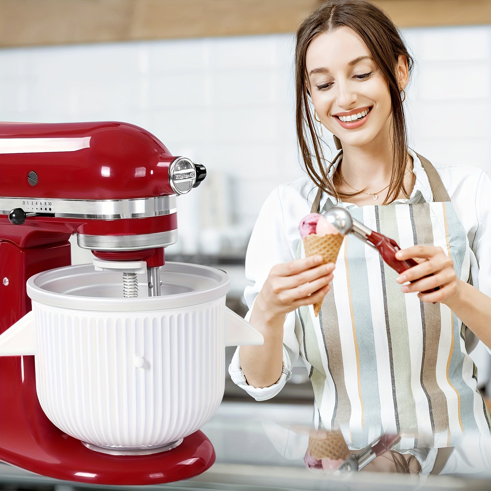 Stand mixer uchun muzqaymoq tayyorlash uchun qo'shimcha, muzli yogurt va sorbet idishlariga mos keladi