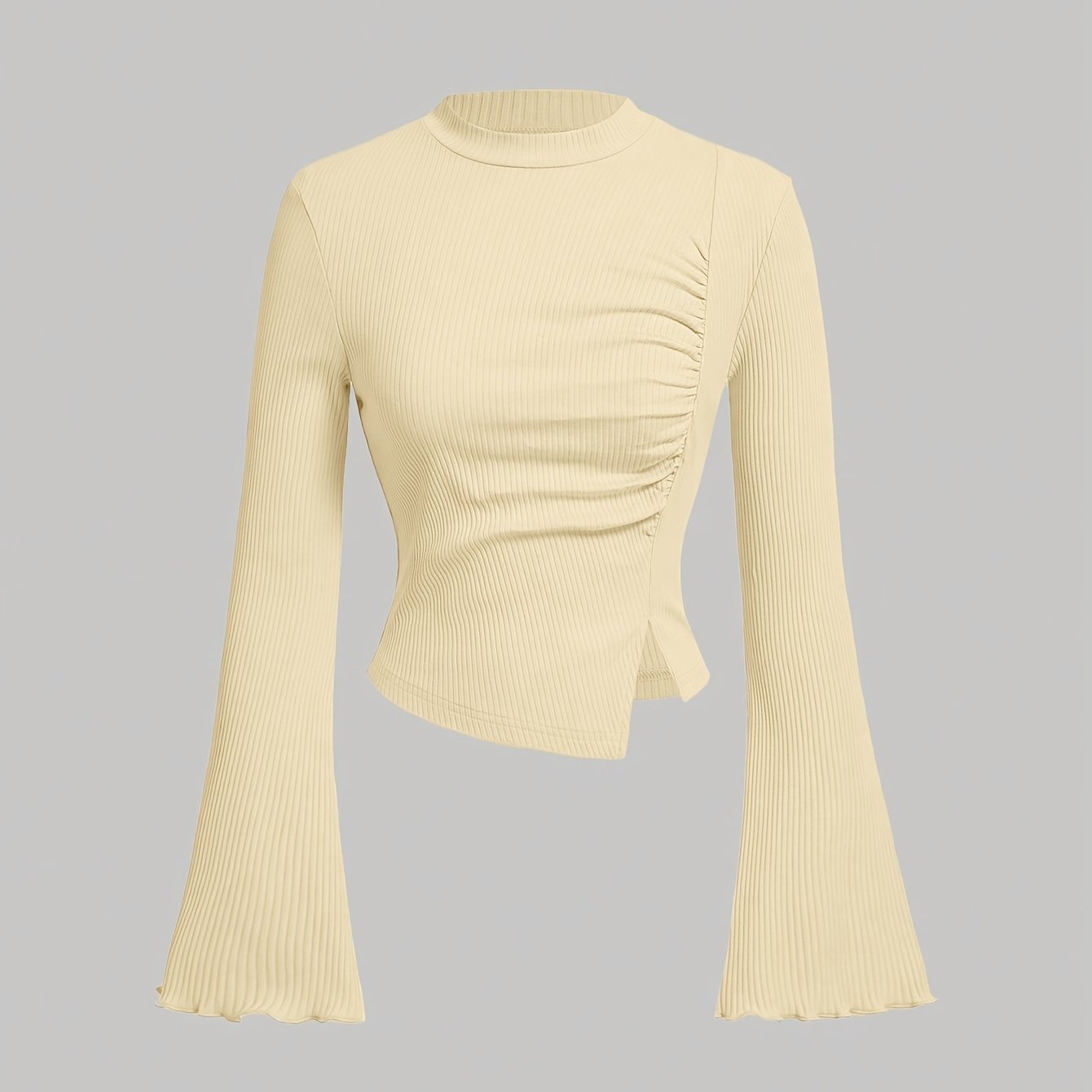 Camiseta de manga campana plisada para mujer con abertura lateral y color sólido