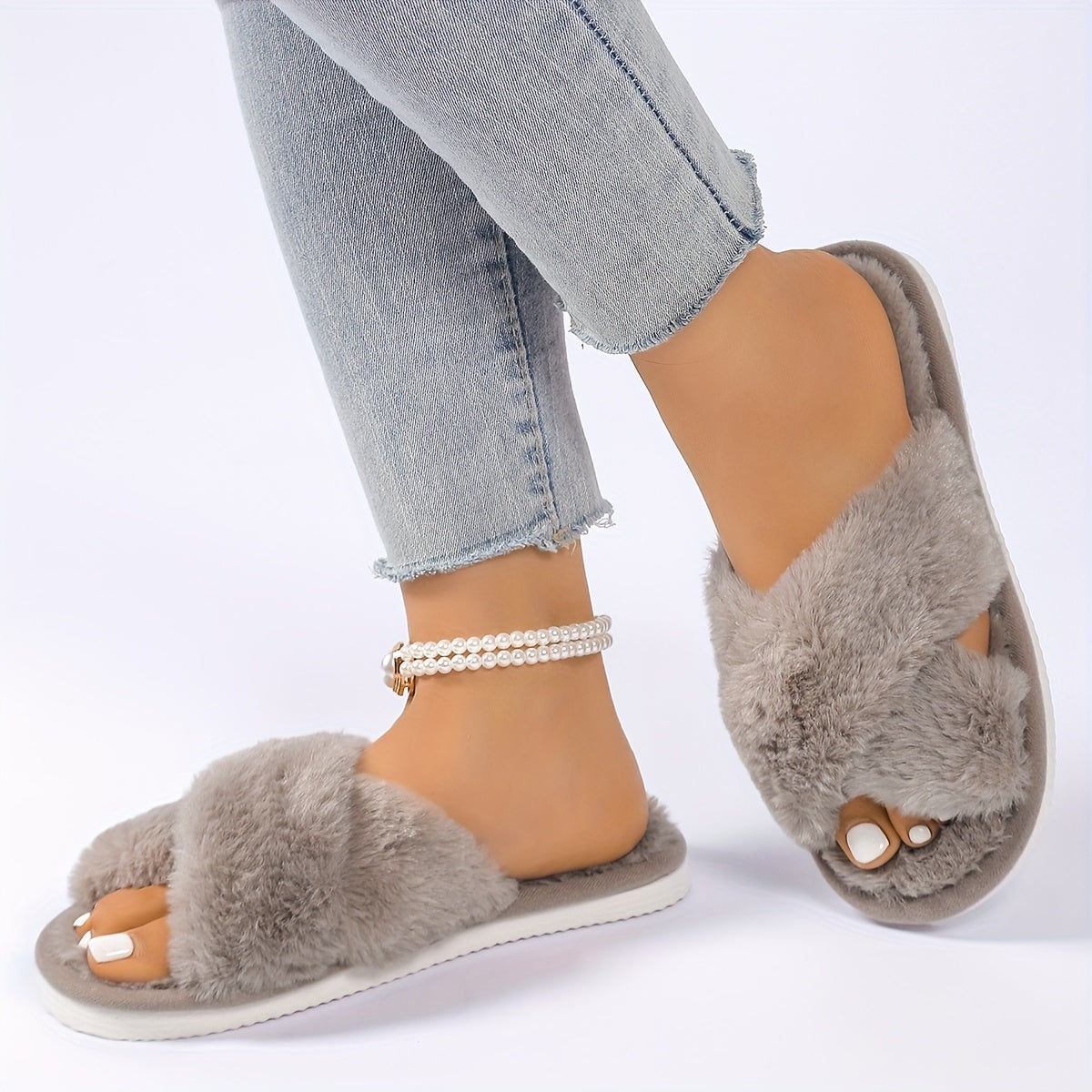 Women Plush Home Slippers All-Season Cross-Strap Black White