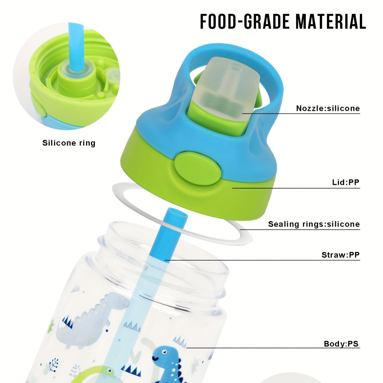 500ml BPA-Free Sports Water Bottle with Straw Leakproof Silicone Nozzle Cartoon Design