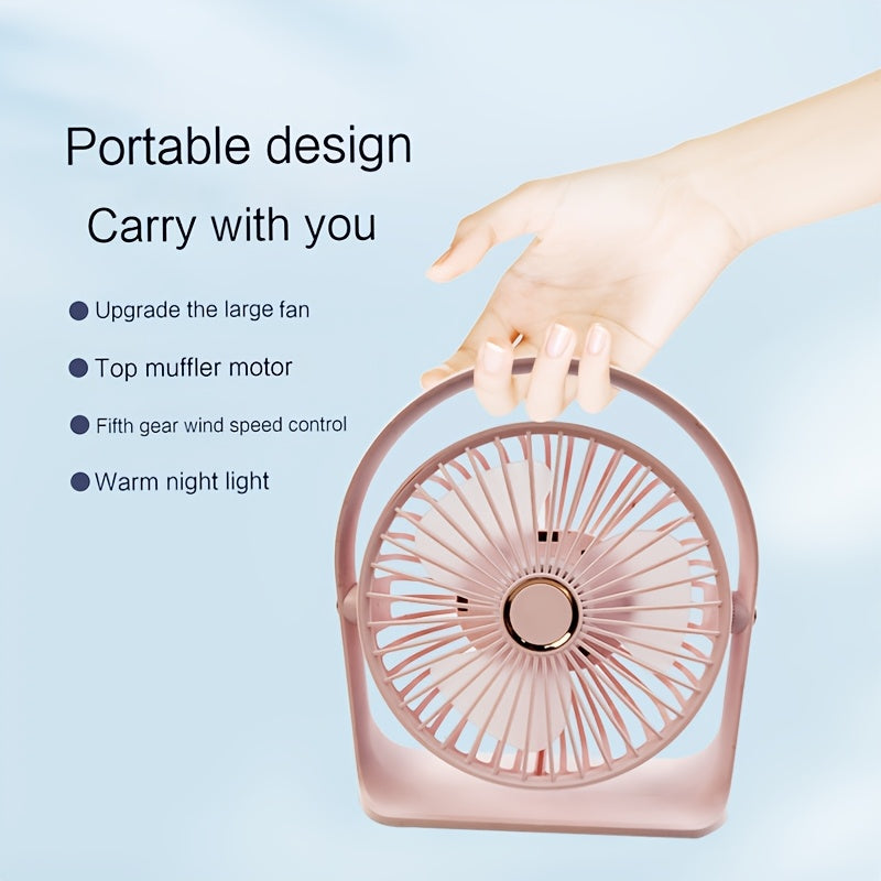 Portable USB Rechargeable Clip-On Fan with Nightlight, 5-Speed, 720° Rotation