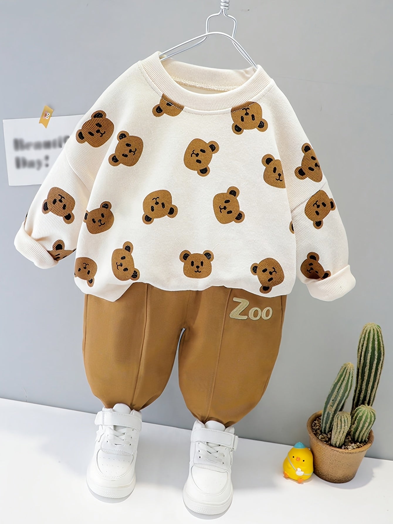 Toddler Boys' Cotton Knit Sweatshirt and Pants Set with Bear Print for Spring Fall