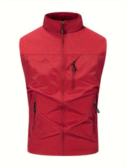 Men's Black Woven Polyester Sleeveless Vest with High Collar and Multiple Zipper Pockets for Outdoor Activities