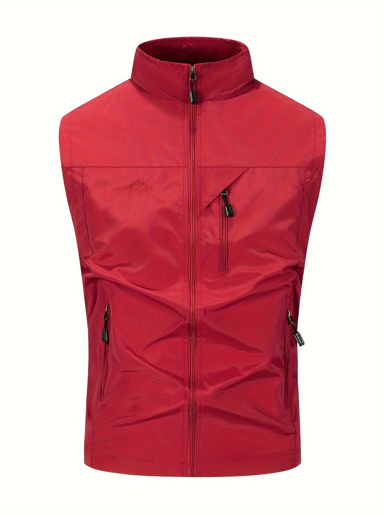 Men's Black Woven Polyester Sleeveless Vest with High Collar and Multiple Zipper Pockets for Outdoor Activities