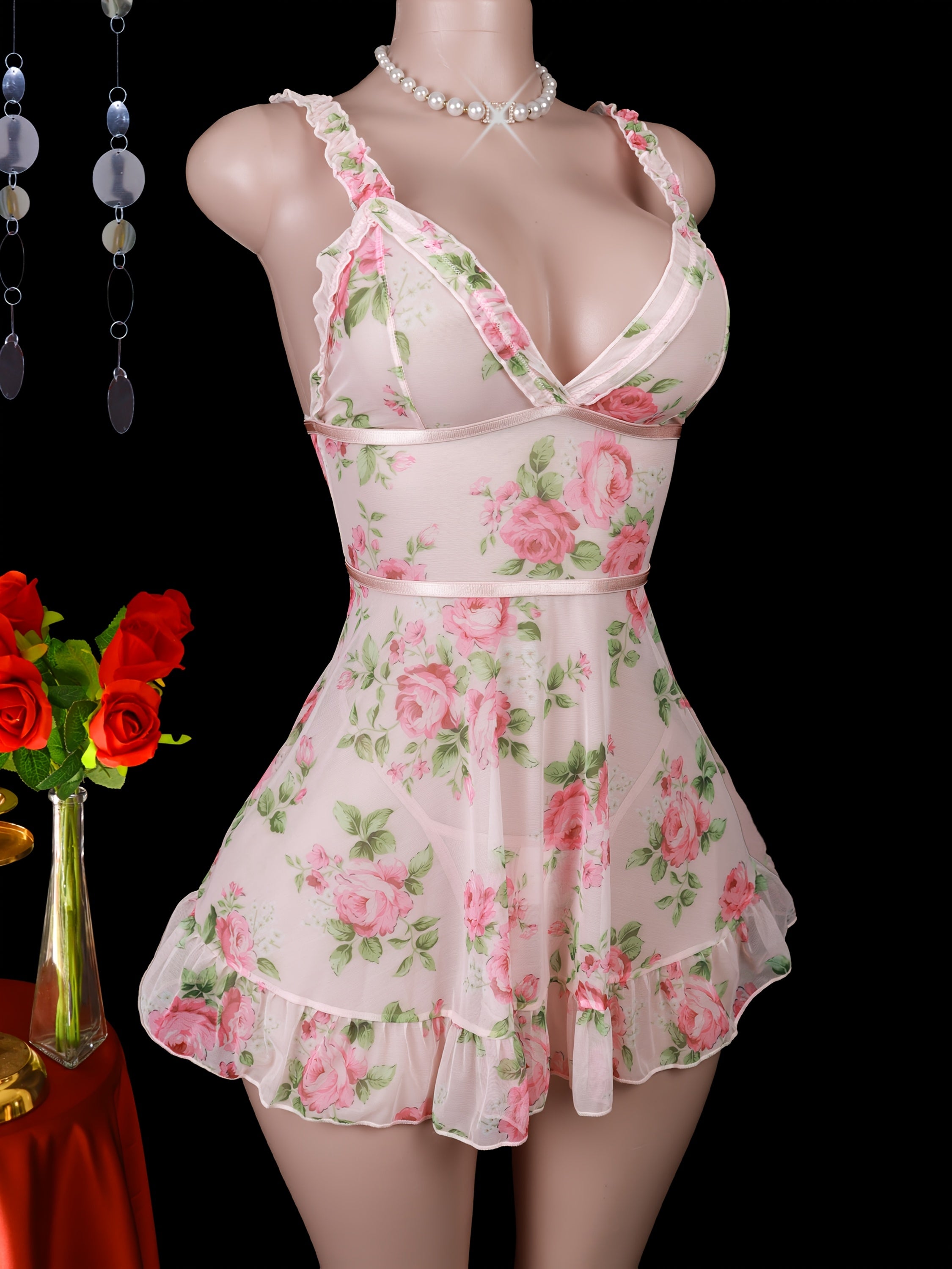 ayollar uchun nafis uyqu kiyimlari to'plami, bosma va thong yubkali, Sevgililar kuni uchun