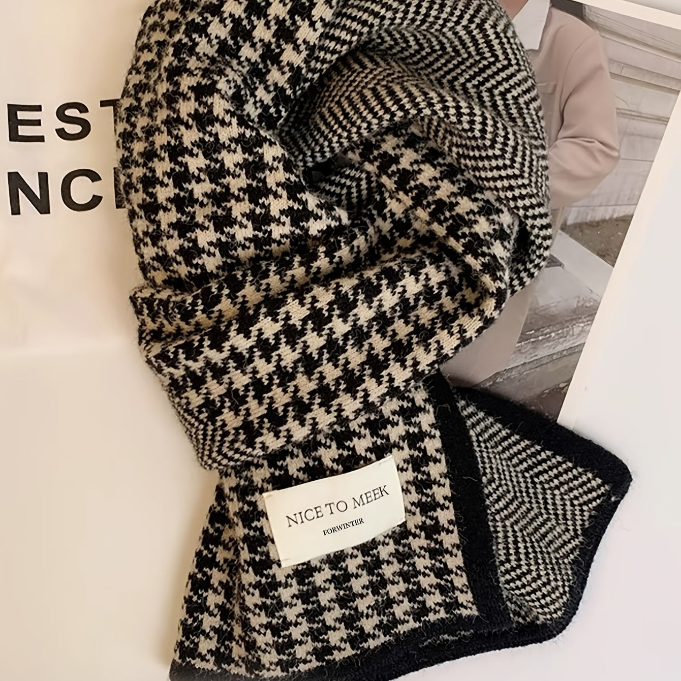 Women's Houndstooth Knit Scarf Warm Windproof Casual Accessory