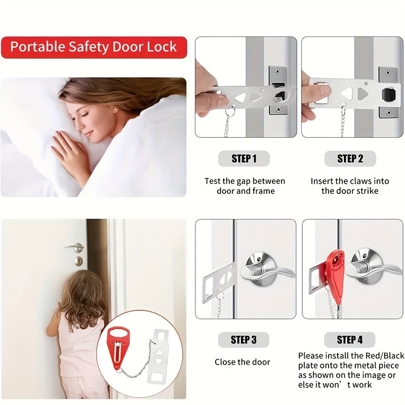 Portable Door Lock with Keychain Durable Plastic Security Latch for Travel or Home Red Blue Black