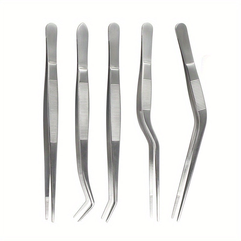 Set of 5 Stainless Steel Kitchen Tweezers for Cooking, Grilling, and Plating