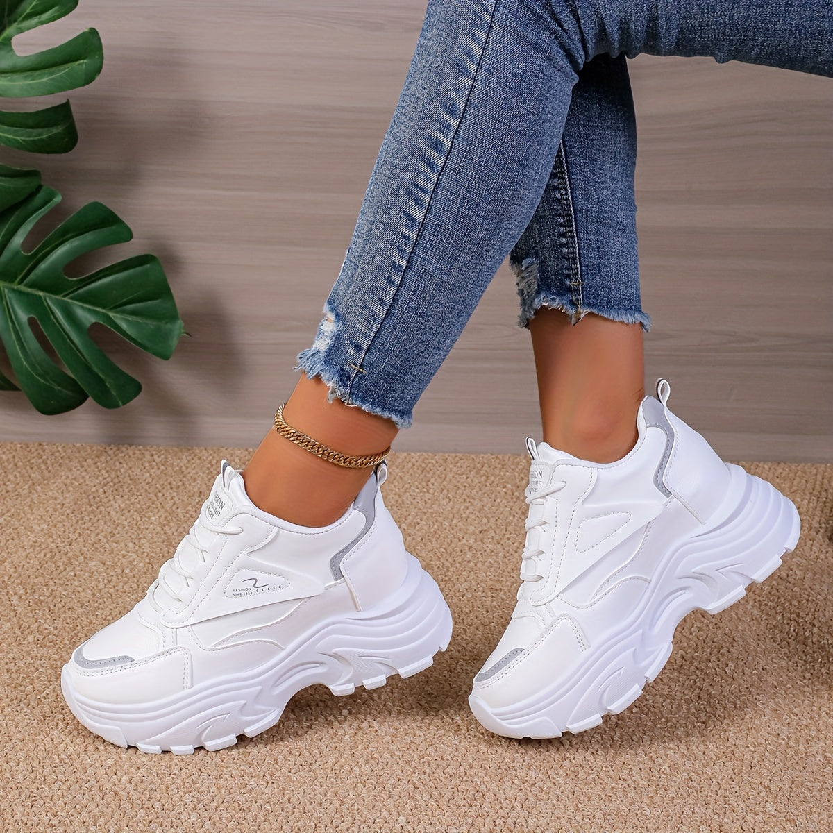 Women's Chunky Sneakers with Wedge Heel Casual Lace-Up Low Top Rubber Sole