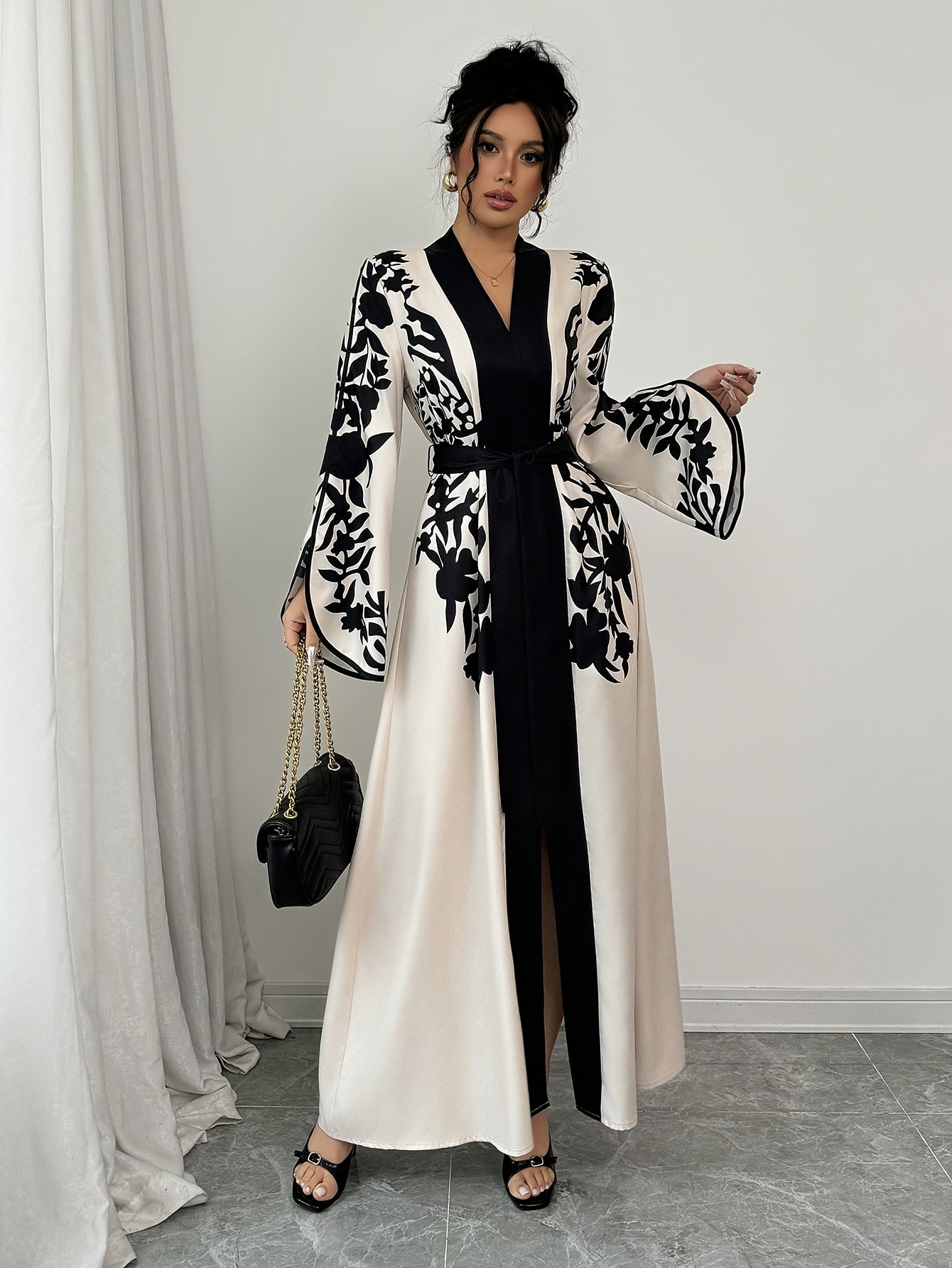Elegant Long Sleeve Maxi Dress with Floral and Animal Print Belt V-Neck Wide Swing Skirt