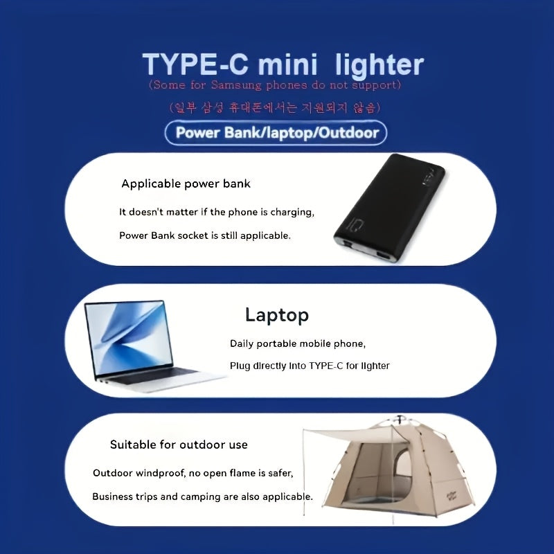 Portable USB-C Electric Lighter, Rechargeable, Windproof, for Camping and Travel