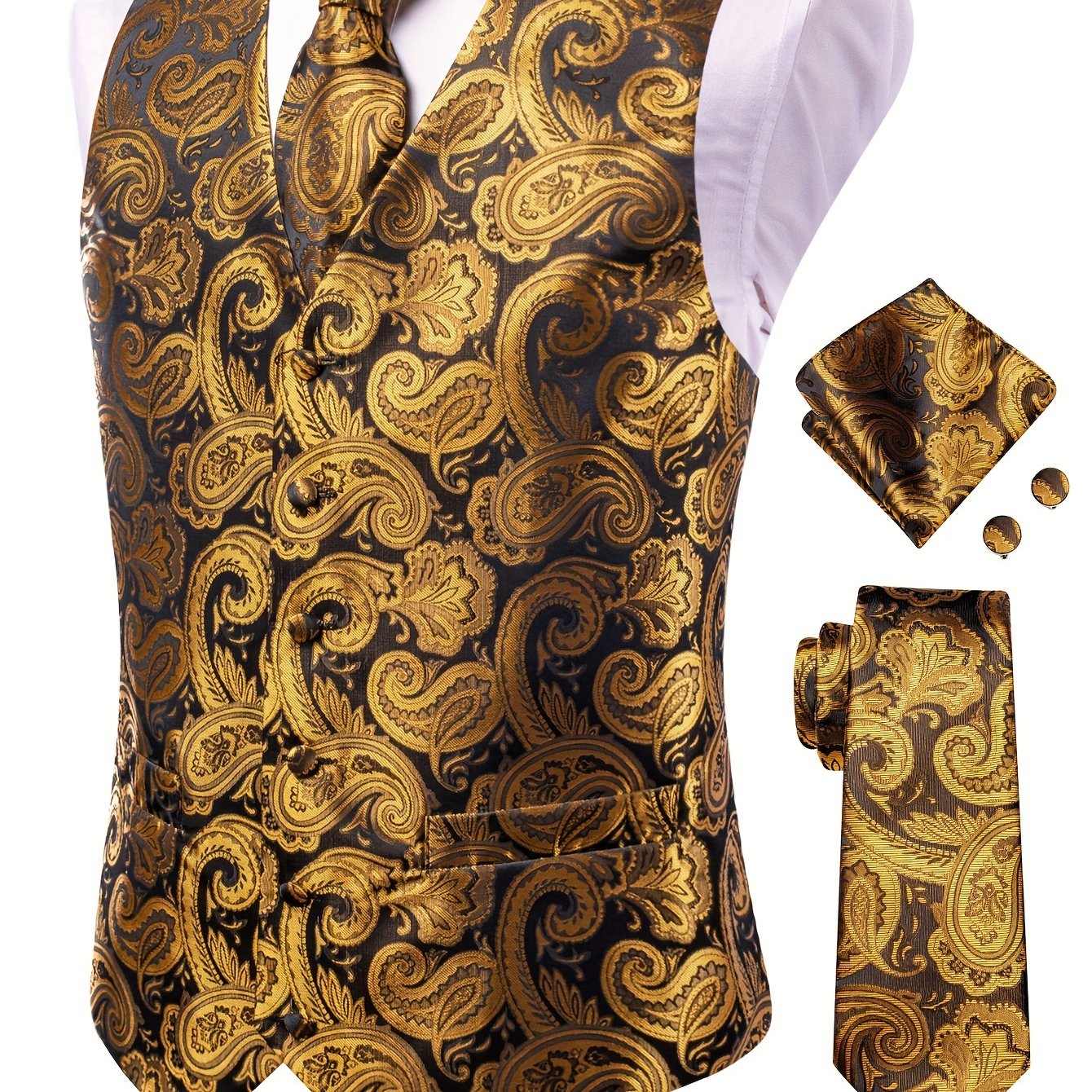 Men's Large Size White Paisley Pattern Accessories Set Waistcoat Necktie Hanky Cufflinks