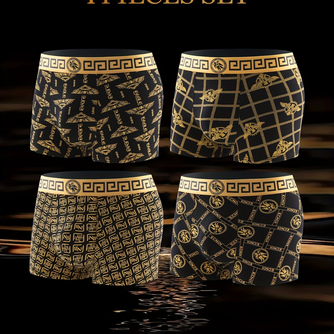 Men's Boxer Briefs Set of 4 Black and Gold Polyester Spandex Comfortable Non-Transparent