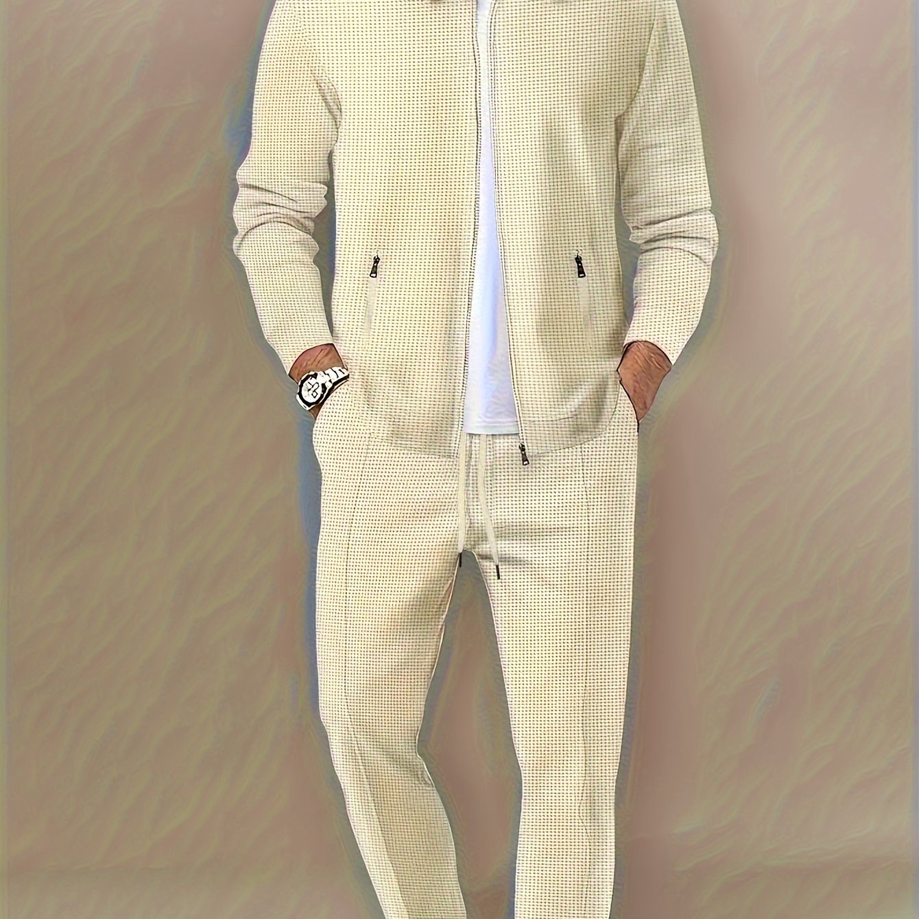 Men's Casual Zipper Jacket and Pants Set Polyester Solid Color Lapel for Outdoor Activities