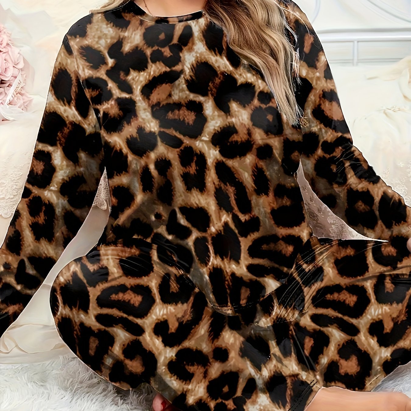 Leopard Print Women's Pajama Set 100% Polyester Knit Long Sleeve Pants Loungewear